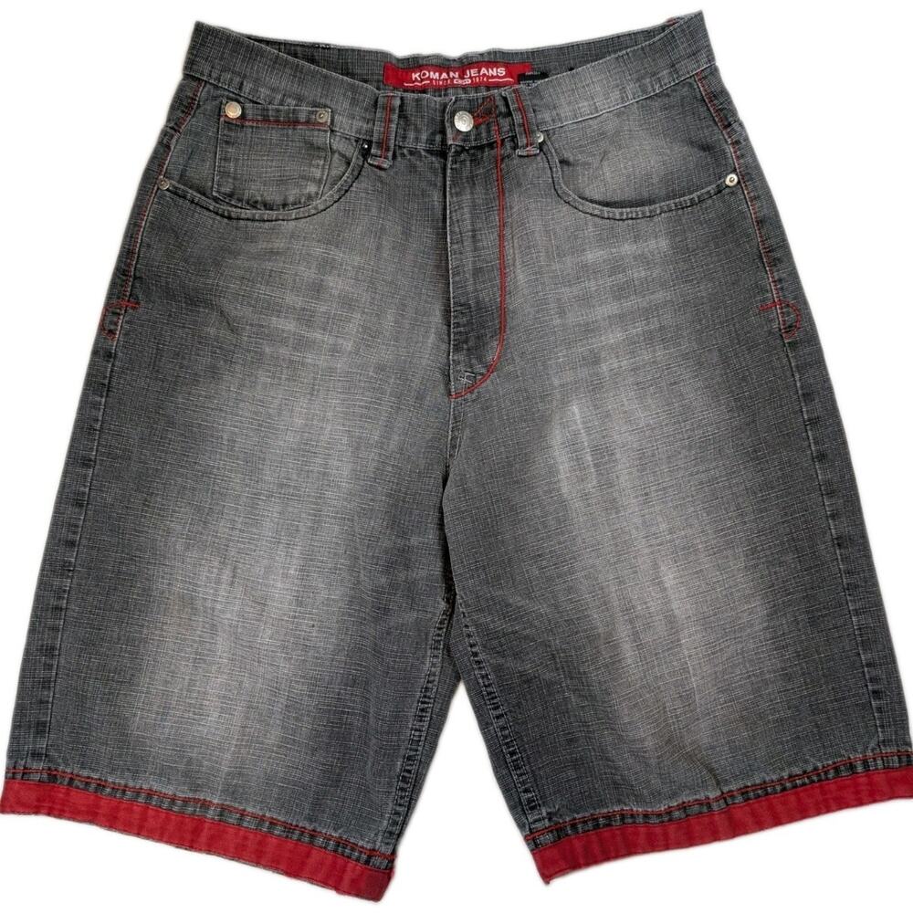 Koman Jeans Baggy Denim Shorts Mens 32 Washed Gray Red Trim Skater Jorts